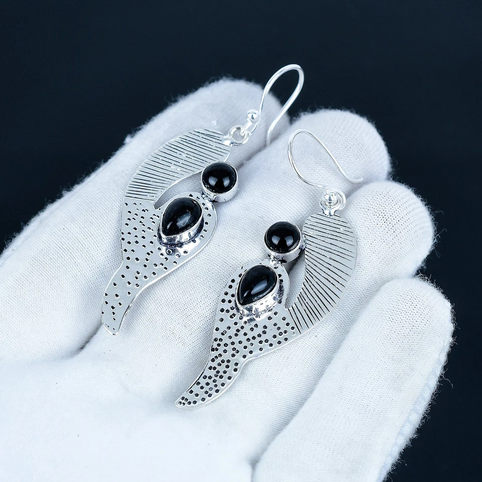 925 Argento Sterling Naturale Onice Nera Donna Orecchini Pendenti Mano Gioielli - Immagine 3 di 4