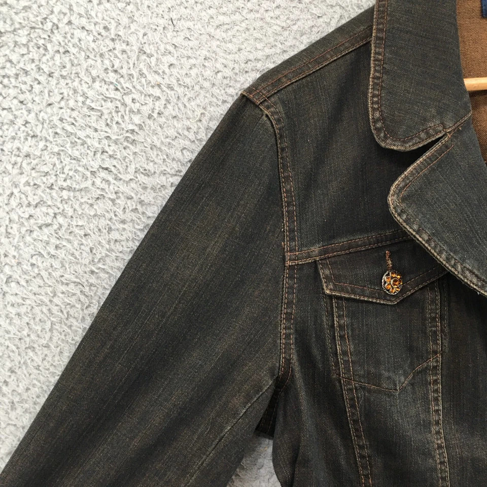 Chaqueta de mezclilla tribal para mujer 16 azul con cuello abotonado manga larga bolsillos en el pecho Foto 4 de 4