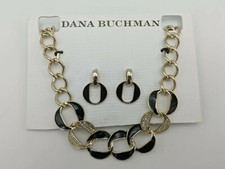 Dana Buchman Earrings and Necklace Set Black Enamel Clear Rhinestones Gold Tone