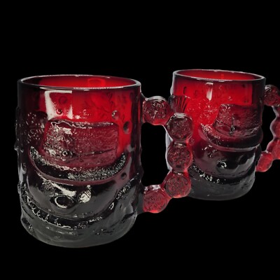 2 Vintage Arcoroc Ruby Red Christmas Snowman Face Snowflakes Glass Mug France