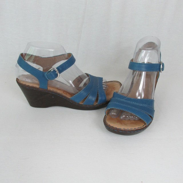 Born 8M Slate Blue Leather Wedge Sandals Buckle Ankle Strap 2.75in Heel