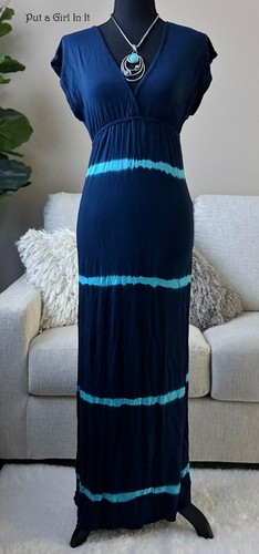 New Womens COTTYON SOFT NAVY BLUE AQUA STRIPED TIE DYE MAXI DRESS BOHO S Small - Picture 1 of 4