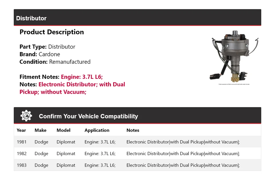 Для 1981-1983 Dodge Diplomat 3,7 л L6 дистрибьютор Cardone 1982 - Изображение 2 из 4