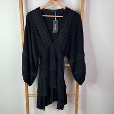 Piper Mini Dress Womens 6 Black Embroidered Balloon Sleeve Tiered Ruffle NWT