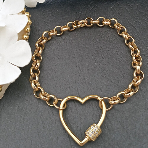 8" CZ HEART LOCKET Clasp BELCHER LINK 14k 14ct Gold GL Chain Bracelet Carabiner - Picture 1 of 9