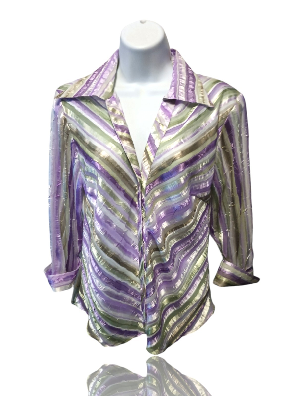 Dressbarn Size S Striped Sheer Satin Button Front Blouse L-5