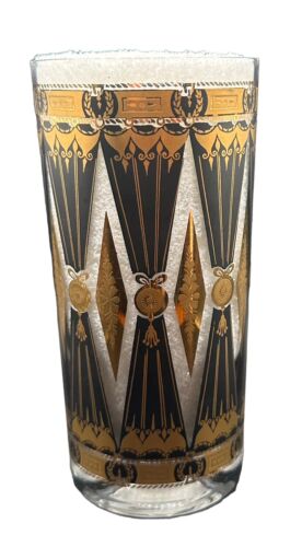 Vtg Set 7 Culver Black Gold Highball Glasses Tumbler MCM Curtain Diamond RARE - Picture 10 of 22
