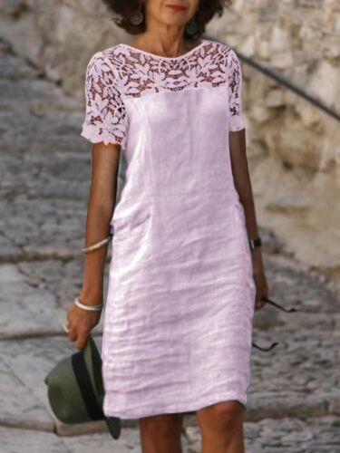 Womens Lace Linen Cotton%Casual Holiday Midi Short Sleeve Kaftan Dress PLUS SIZE - Picture 8 of 21