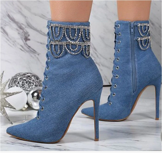 Women Ankle Boots Denim Pointed Toe High Heels Boots Zipper Blue Shoes Big Size