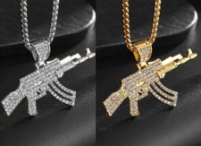 ICED GOLD / SILVER AK47 MACHINE GUN PISTOL CHAIN PENDANT NECKLACE RIFLE BLING v2