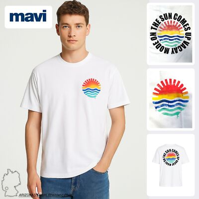 Mavi Herren T-Shirt Loose Fit mit Sonnenmotiv Weiß