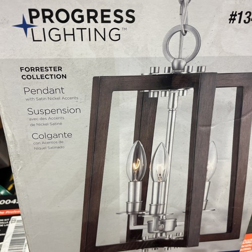 Progress Lighting 3-Light Teak Wood Satin Nickel Farmhouse Pendant P500254-147 - Picture 3 of 5