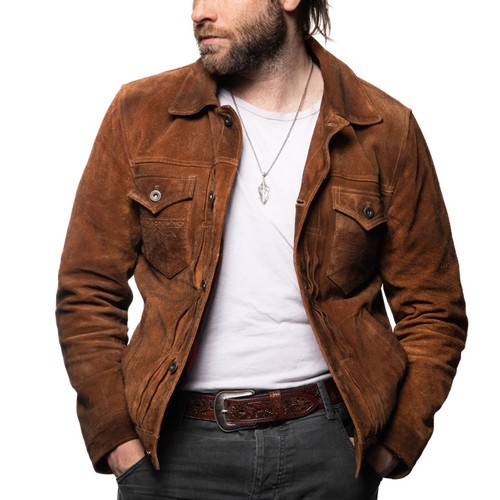 Men's Genuine Roughout oil waxed Cowhide leather Western Cowboy Leather Jacket - Picture 3 of 10