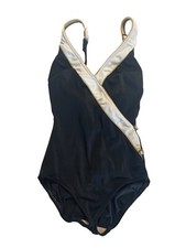 Vintage Roxanne Swimwear Size 12/ 34 Cup Black Ivory  Gold Pearl buttons