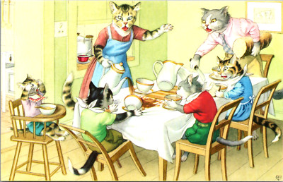 Anthropomorphic Cats Family Dinner Eugen Hartung Alfred Mainzer Vintage Postcard