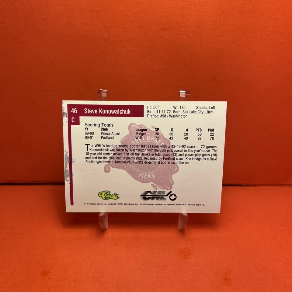 1991 Classic Draft Picks Steve Konowalchuk #46 EX Card🦄 - Image 2 of 2