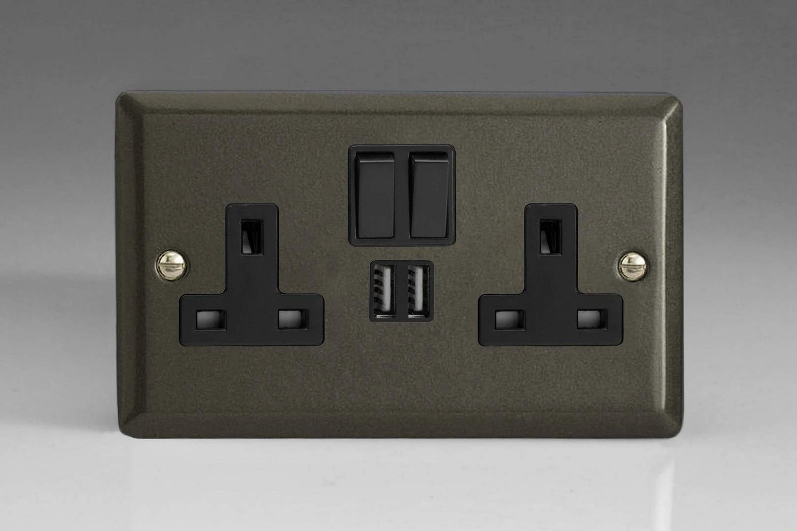 Varilight Graphite 2-Gang 13 Amp Socket + 2x USB Ports Black Inserts