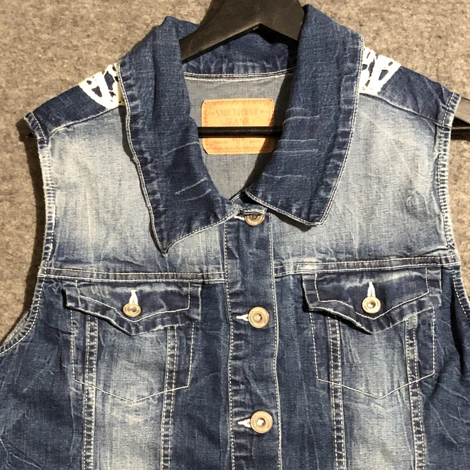 Chaleco vaquero amatista para mujer grande de mezclilla de encaje hada grunge azul envejecido occidental Foto 4 de 4
