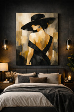 Elegant Woman in Hat Framed Canvas Print Vintage Abstract Wall Art Modern Decor
