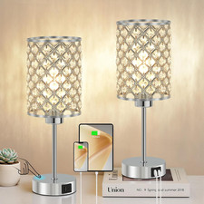 Dimmable Silver Crystal Touch Table Lamps with USB Ports - Set of 2