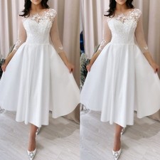 Short Wedding Dresses Classic 3/4 Sleeves Tea Length White Ivory Bridal Gown