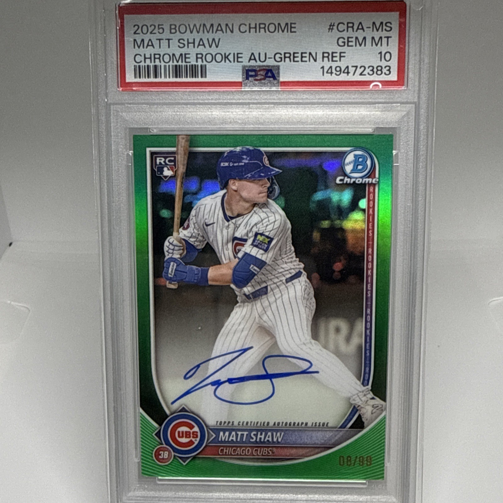 2025 BOWMAN CHROME CHROME ROOKIE AUTO GREEN REFRACTOR MATT SHAW 8/99 PSA 10