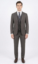 Men's 3-Piece 80 Wool Suit Brown Houndstooth Single Breasted Slim Fit US 36-50