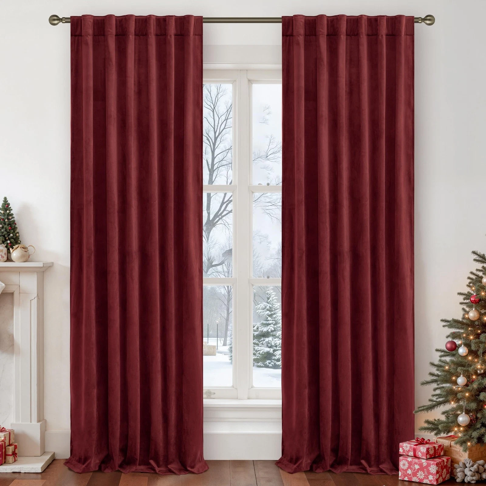 Red Velvet Curtains 84 Inch Room Darkening Thermal Insulated Drapes, 2 Panels