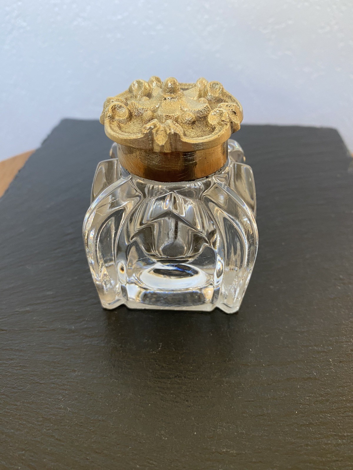 Antique Glass Ink Well With Brass Crown Style Lid
