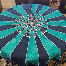 OLA Boho Hippie Blue, Green, White Tie Dyed Round Table Cloth- size 66" Diameter