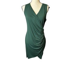 Sleeveless Forest Green Faux Wrap Ruched Sheath Dress V-Neck Stretch Knit Medium