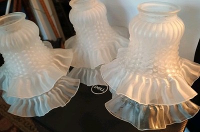 6 Vtg Frosted Satin Glass Ruffled 2'' Fitter Fan  Lamp Shades