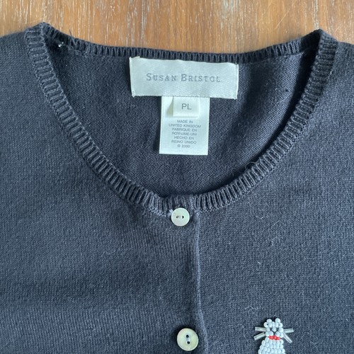 Susan Bristol L Petite Sweater Cardigan Beaded Cats Black White - Picture 4 of 12