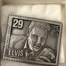 Elvis Presley 1935 1977 Belt Buckle King Rock Roll Stamp LE Vtg 90s