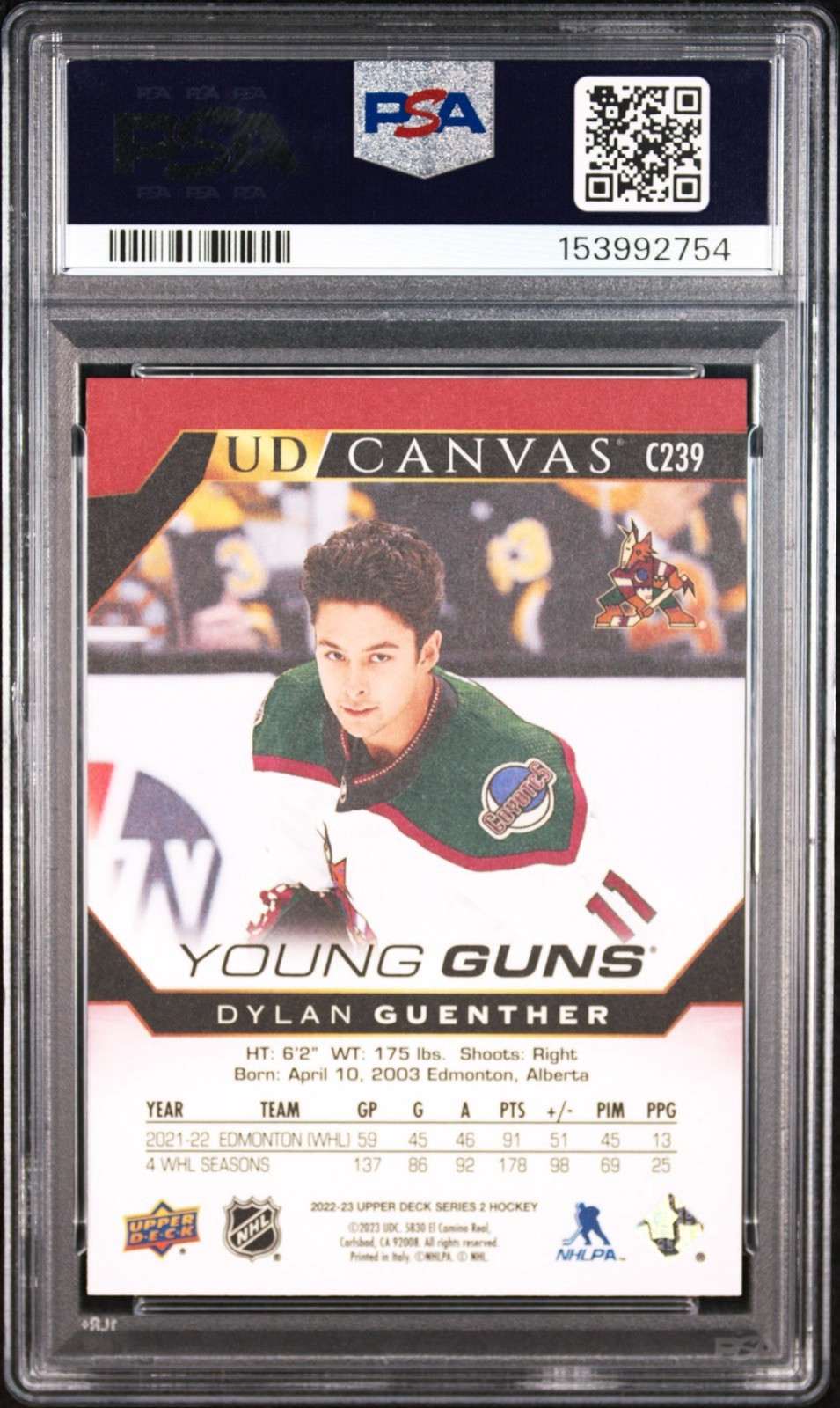 2022-23 UD Ser. 2,#C239 Dylan Guenther UD Canvas Young Guns (1:48 Packs), PSA 10 view 2