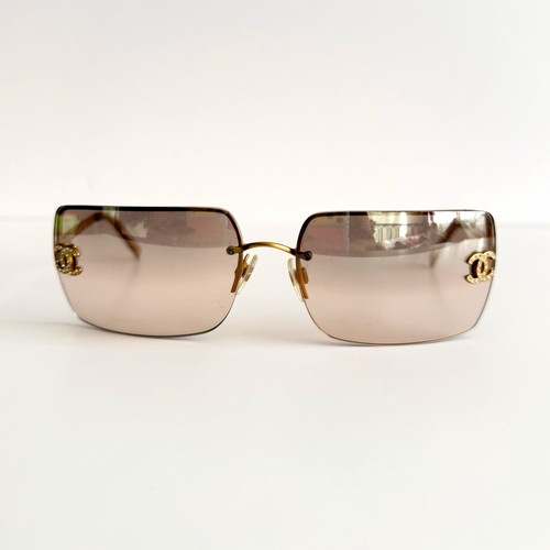 CHANEL 4092-B Rimless Square Sunglasses Gold Metal Gradient Brown Lenses 120