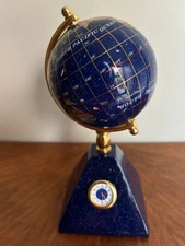Desktop Blue World Globe With Clock & Semi Precious Stones  - 7" - Working