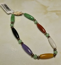 Multi Colour Jade Bracelet 27.50 Ct Yellow Gold Vermeil Sterling Silver Size 7"