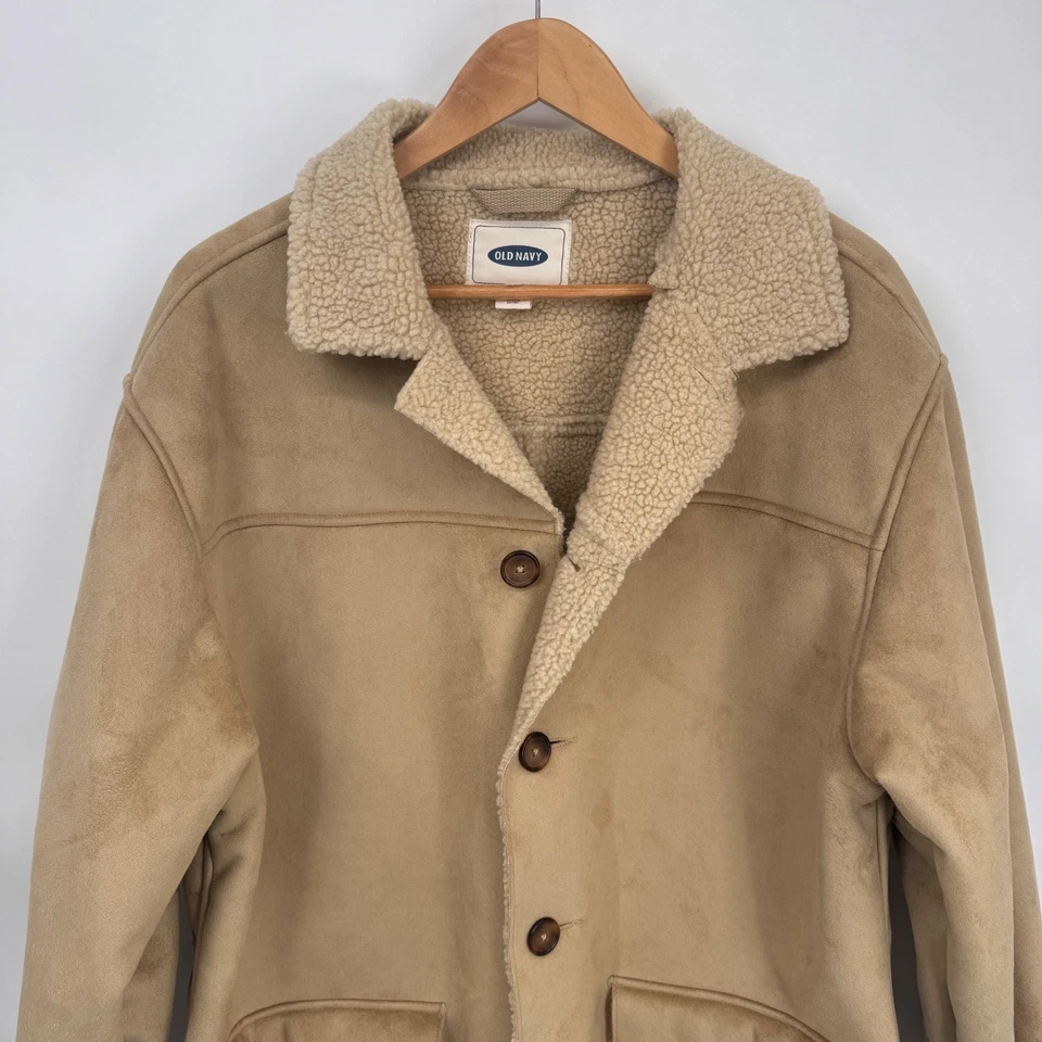 Vintage Old Navy Mens Faux Suede Coat Mens Large Brown Sherpa Lined Pockets - Image 2 of 4