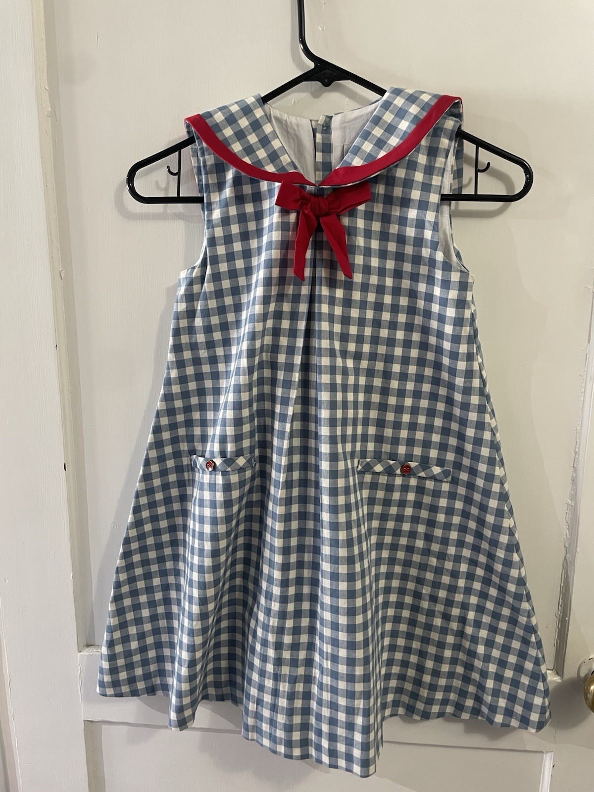 Pepa London Darby Bow & Ribbon Collar Gingham Trapeze Blue Dress