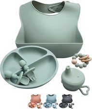 Baby Feeding Set Silicone Baby Bib Baby Plate Bowl Spoon Fork Divided Plate Baby