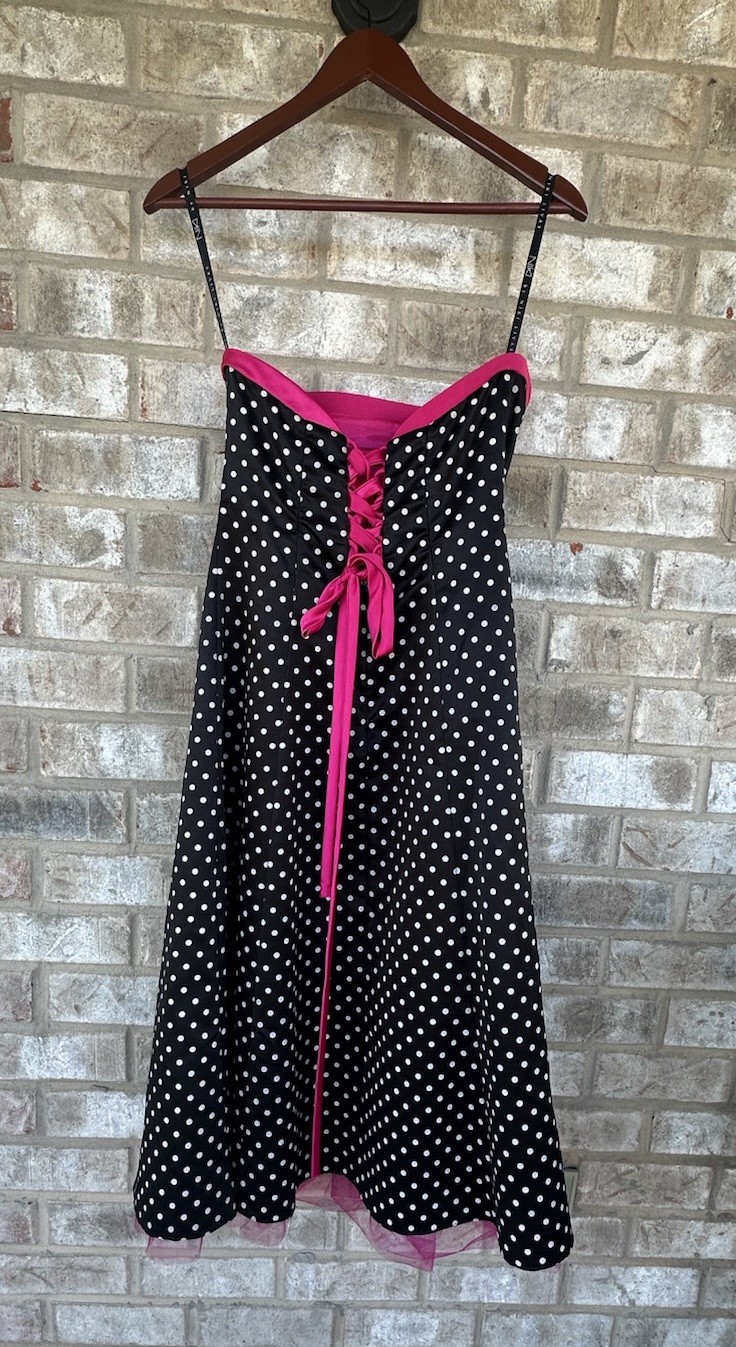 Niki Livas Black & White Polka Dot Dress. Pink taffeta. Lace Up Corset Size 6