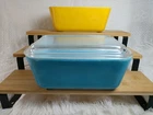 Vtg X2 Pyrex HORIZN BLUE 1.5 Pt 502 Refrigerator Dish LID+CITRUS YELLOW Dish too