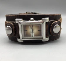 Fossil Rectangular Watch Womens 23mm Brown Leather Cuff JR-8220 New Battery