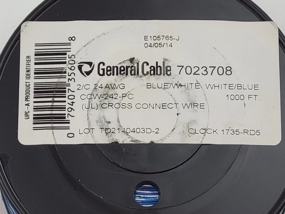 Cable General Cable de conexión cruzada, 24 AWG, 1 par, BL/W+W/BL, carrete de 1000 pies Foto 2 de 3