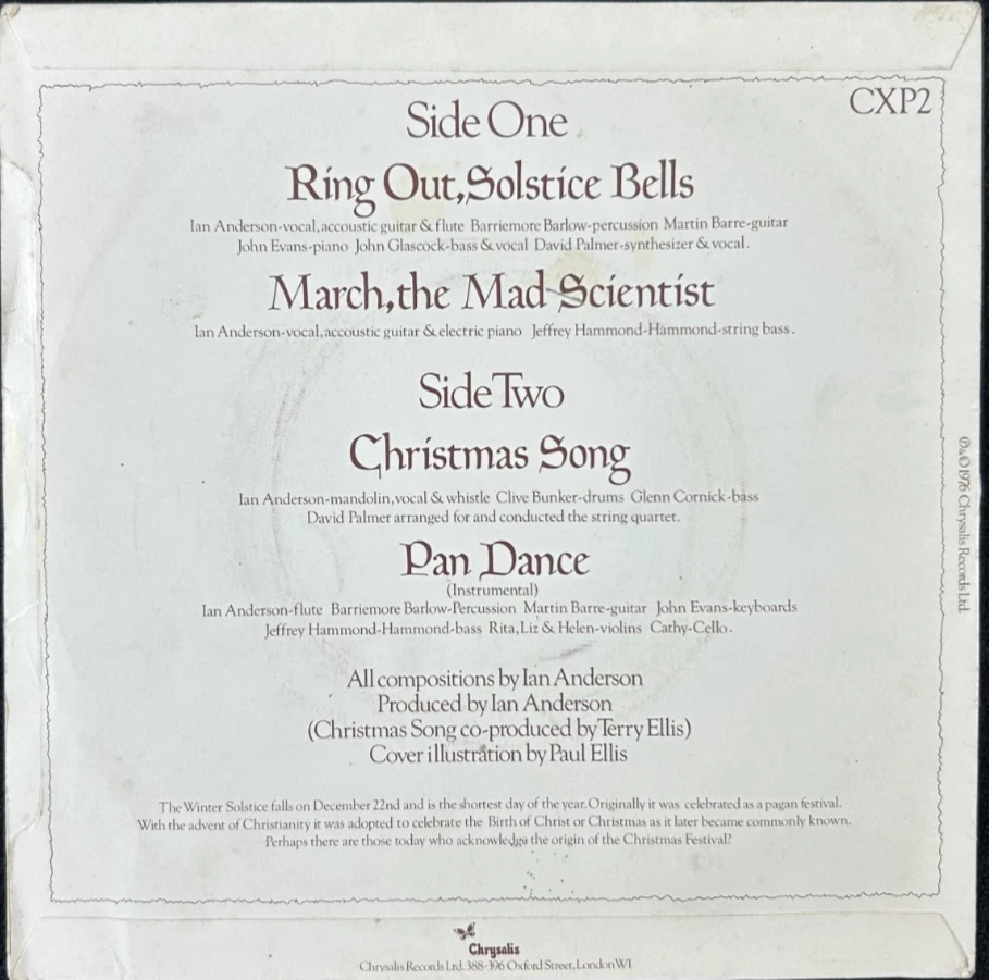 JETHRO TULL 'RING OUT, SOLSTICE BELLS E.P.' 7'' SINGLE CHRYSALIS CXP2 1976 - Image 2 of 4