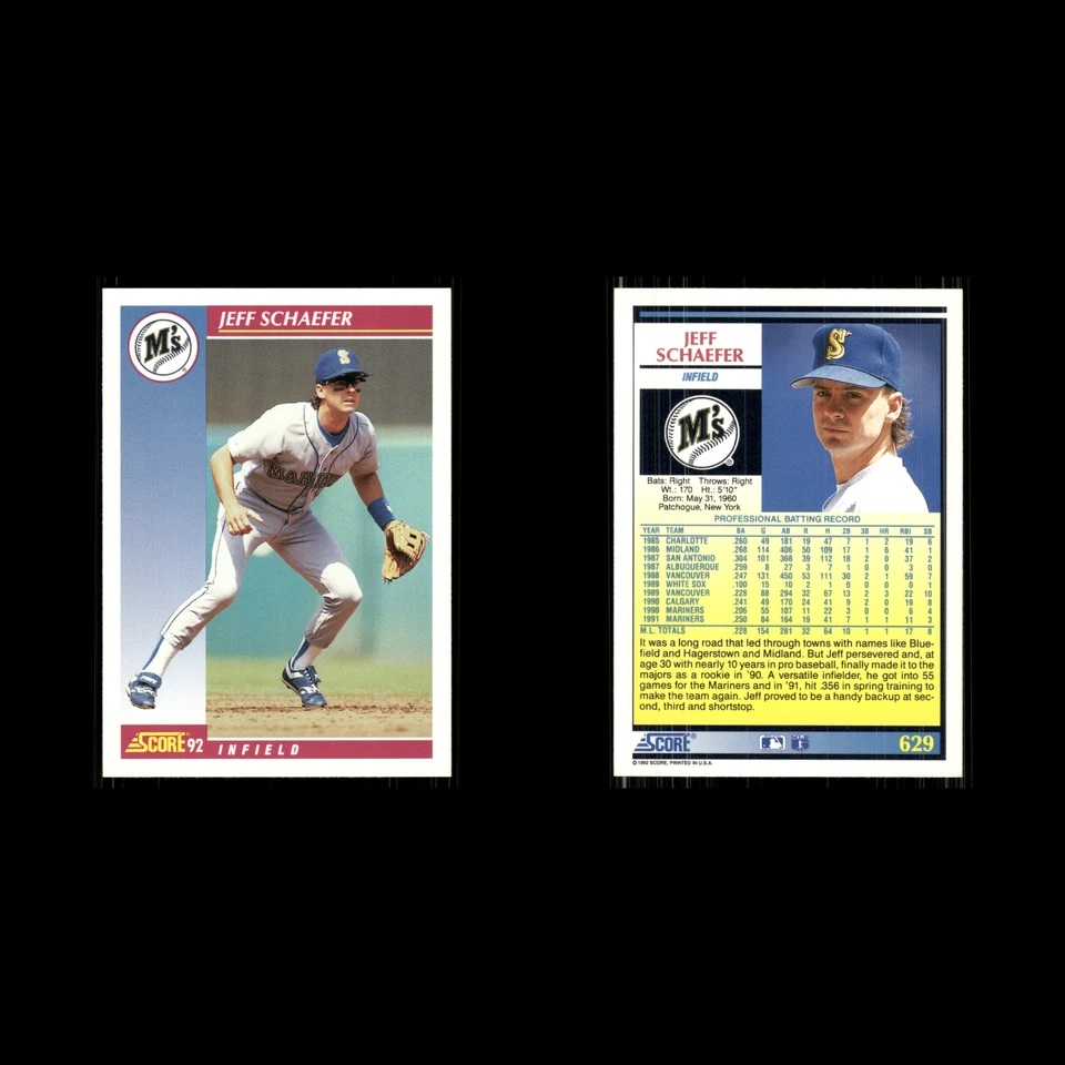 Jeff Schaefer #629 1992 Score Seattle Mariners Baseball Card MLB - Image 3 of 3