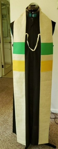 CLERGY STOLE LITURGICAL VESTMENT HAND CRAFTED WOVEN LINEN-LIKE GREEN & YELLOW
