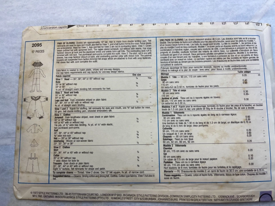 Simplicity Style #2095 Pair of Clowns One Size FF/UC 17 Pcs 1977 19" Tall - Image 3 of 3