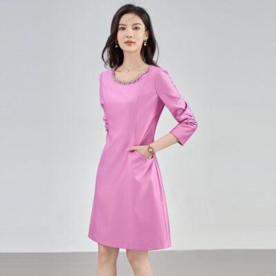 Fashion Womens Round Neck Pearl Decor Short A-line Dress Party Long Sleeve  Dress | eBay